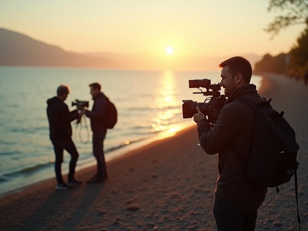 Dreharbeiten am Zürcher Seeufer bei Sonnenaufgang